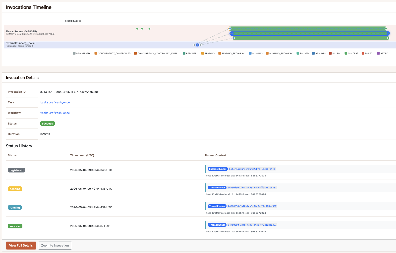 Scenario D timeline — 24 enqueues collapse to 3 invocations at registration time